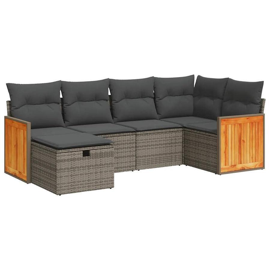 6-delige Loungeset met kussens poly rattan grijs