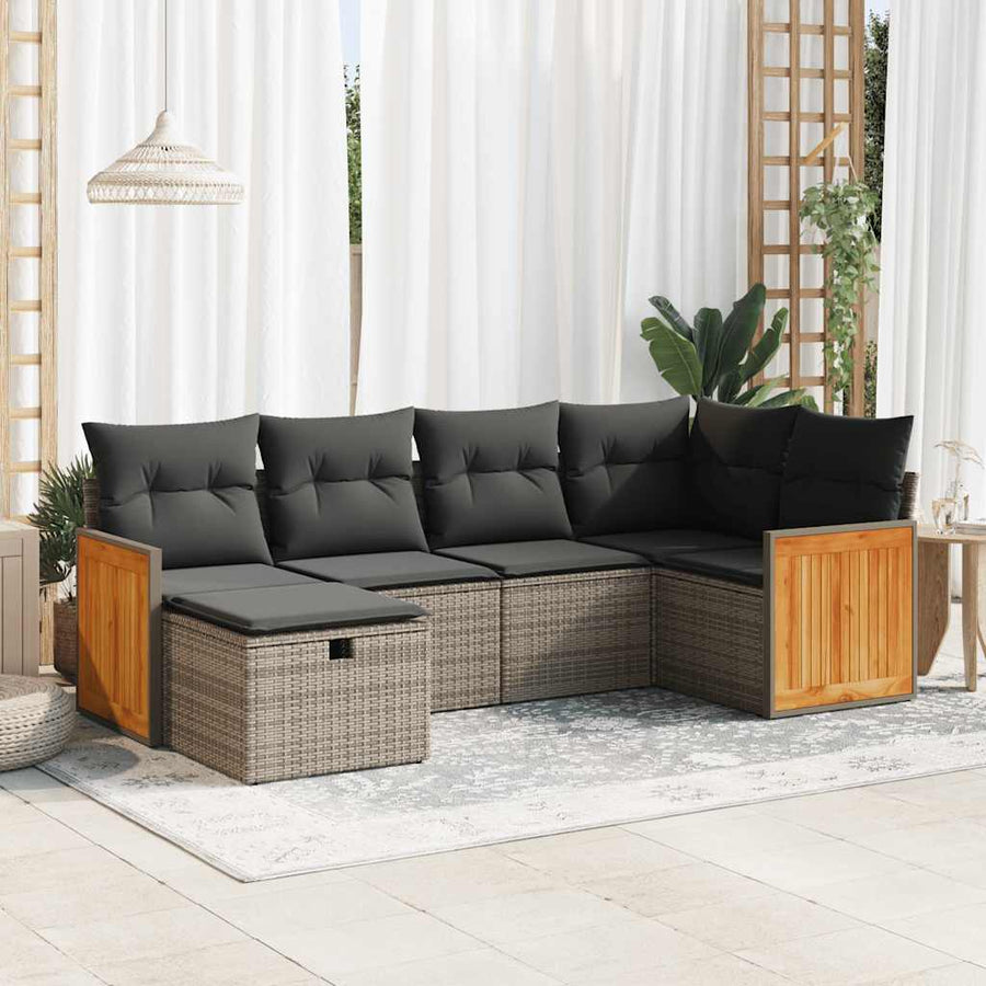 6-delige Loungeset met kussens poly rattan grijs