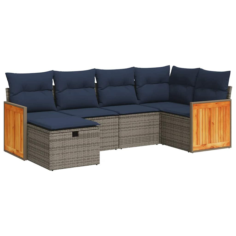 6-delige Loungeset met kussens poly rattan grijs