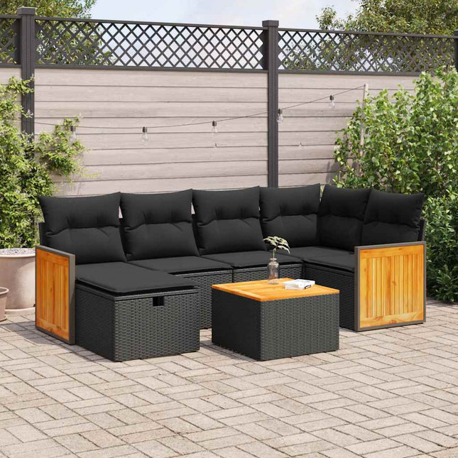 7-delige Loungeset met kussens poly rattan zwart