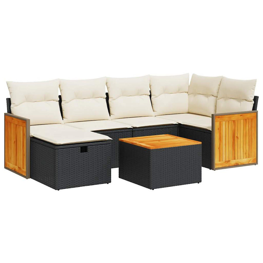 7-delige Loungeset met kussens poly rattan zwart