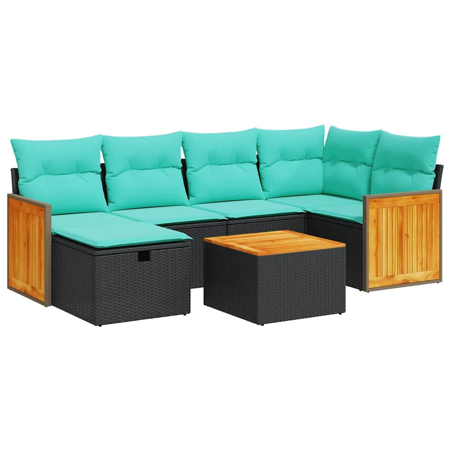 7-delige Loungeset met kussens poly rattan zwart