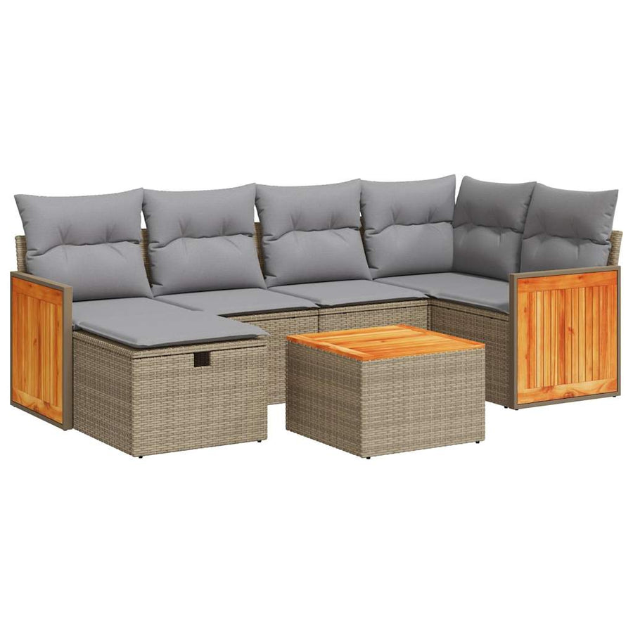 7-delige Loungeset met kussens poly rattan beige