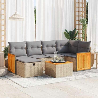 7-delige Loungeset met kussens poly rattan beige