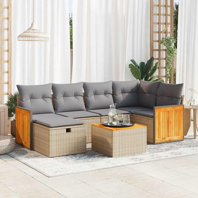 7-delige Loungeset met kussens poly rattan beige