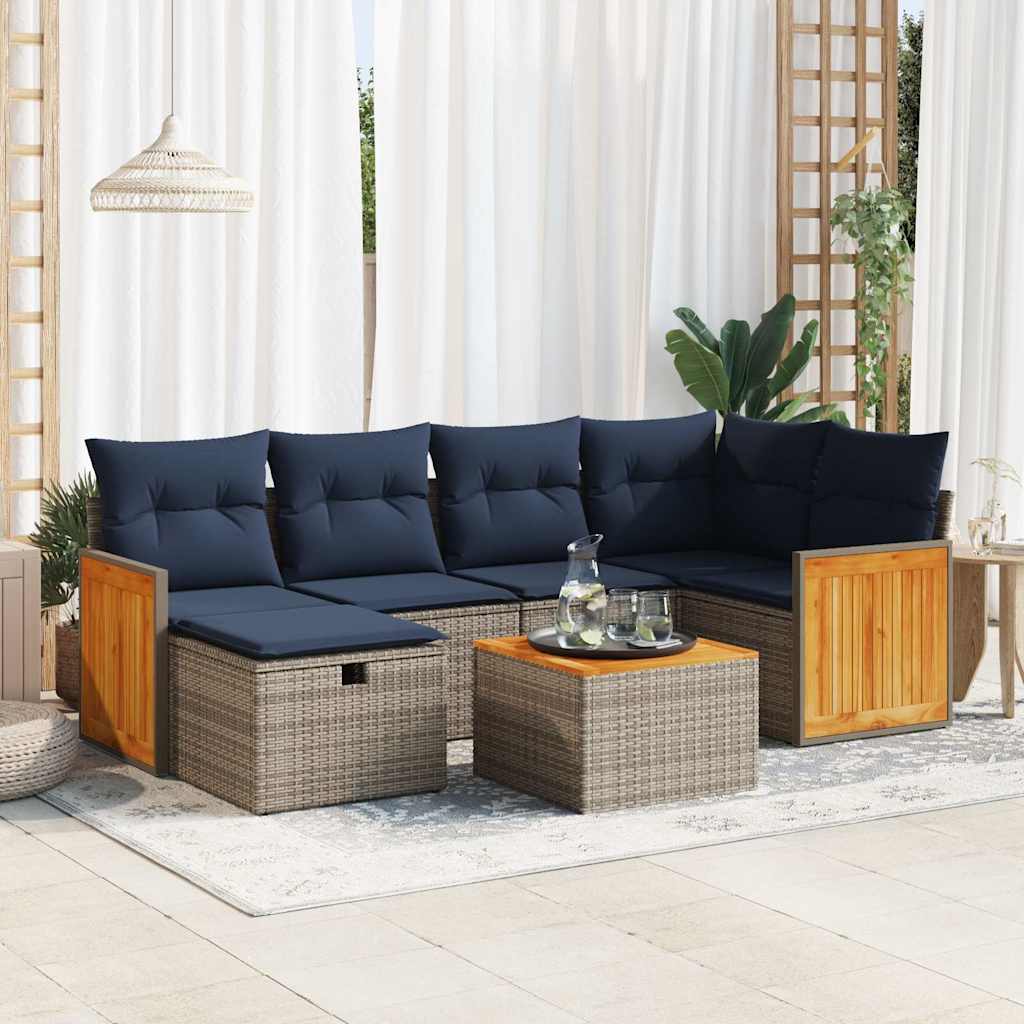 7-delige Loungeset met kussens poly rattan grijs