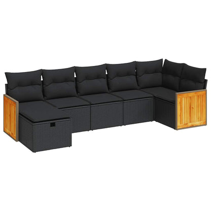 7-delige Loungeset met kussens poly rattan zwart