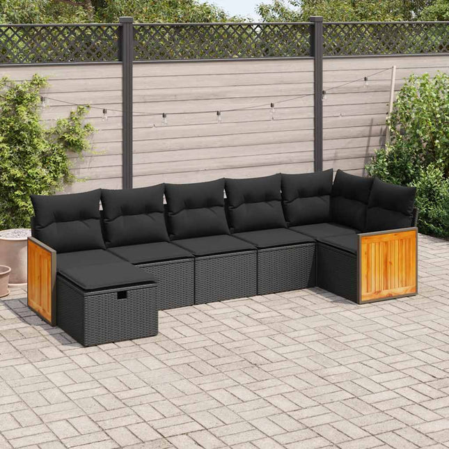 7-delige Loungeset met kussens poly rattan zwart