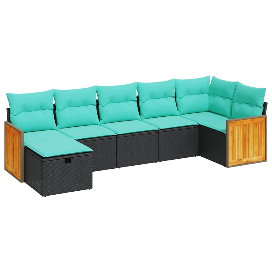 7-delige Loungeset met kussens poly rattan zwart