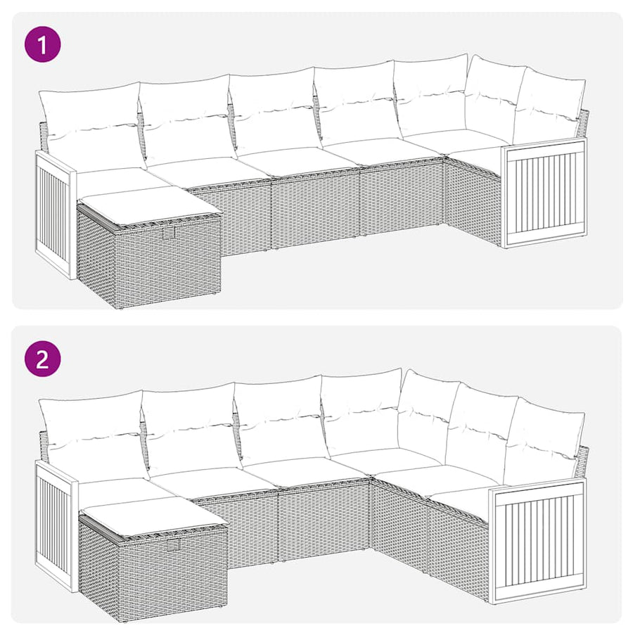 7-delige Loungeset met kussens poly rattan zwart