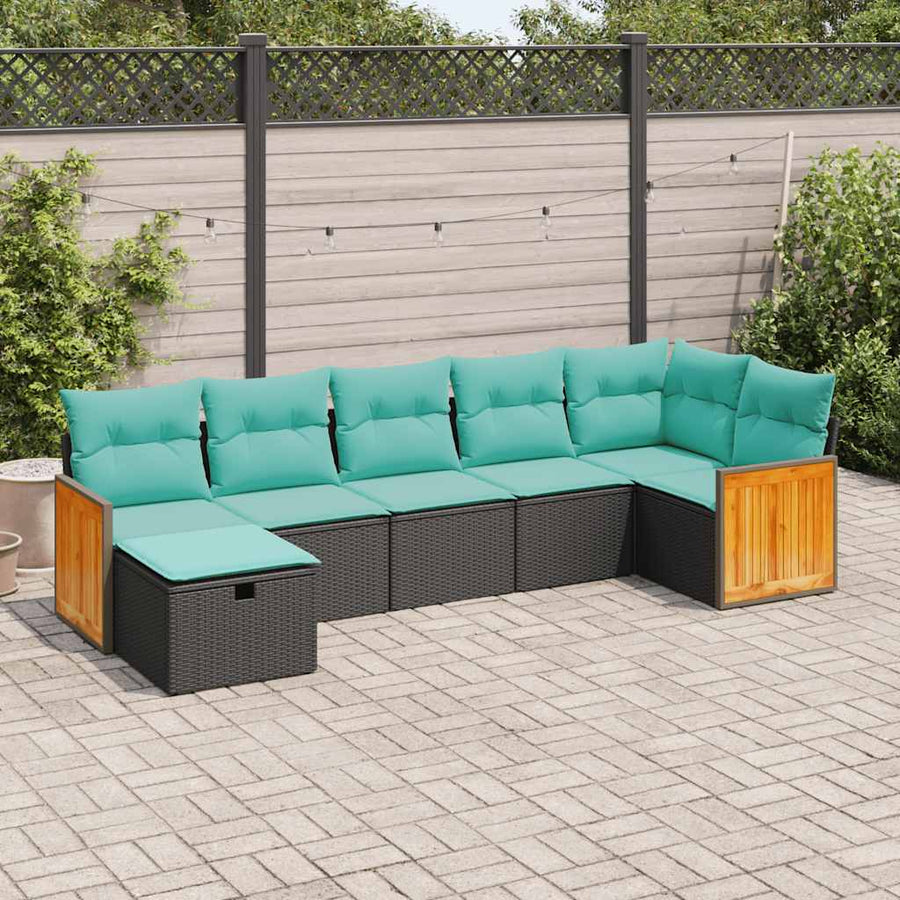 7-delige Loungeset met kussens poly rattan zwart