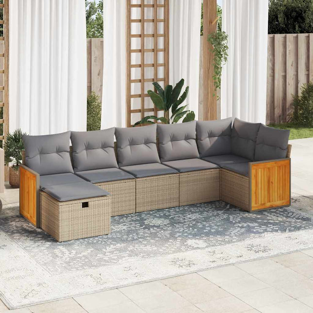 7-delige Loungeset met kussens poly rattan beige