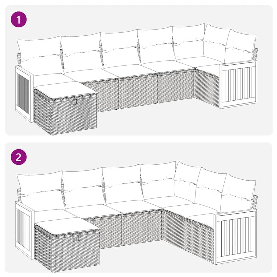 7-delige Loungeset met kussens poly rattan grijs