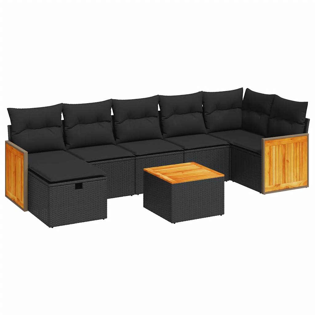 8-delige Loungeset met kussens poly rattan zwart