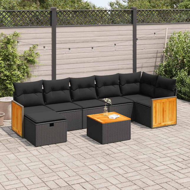 8-delige Loungeset met kussens poly rattan zwart