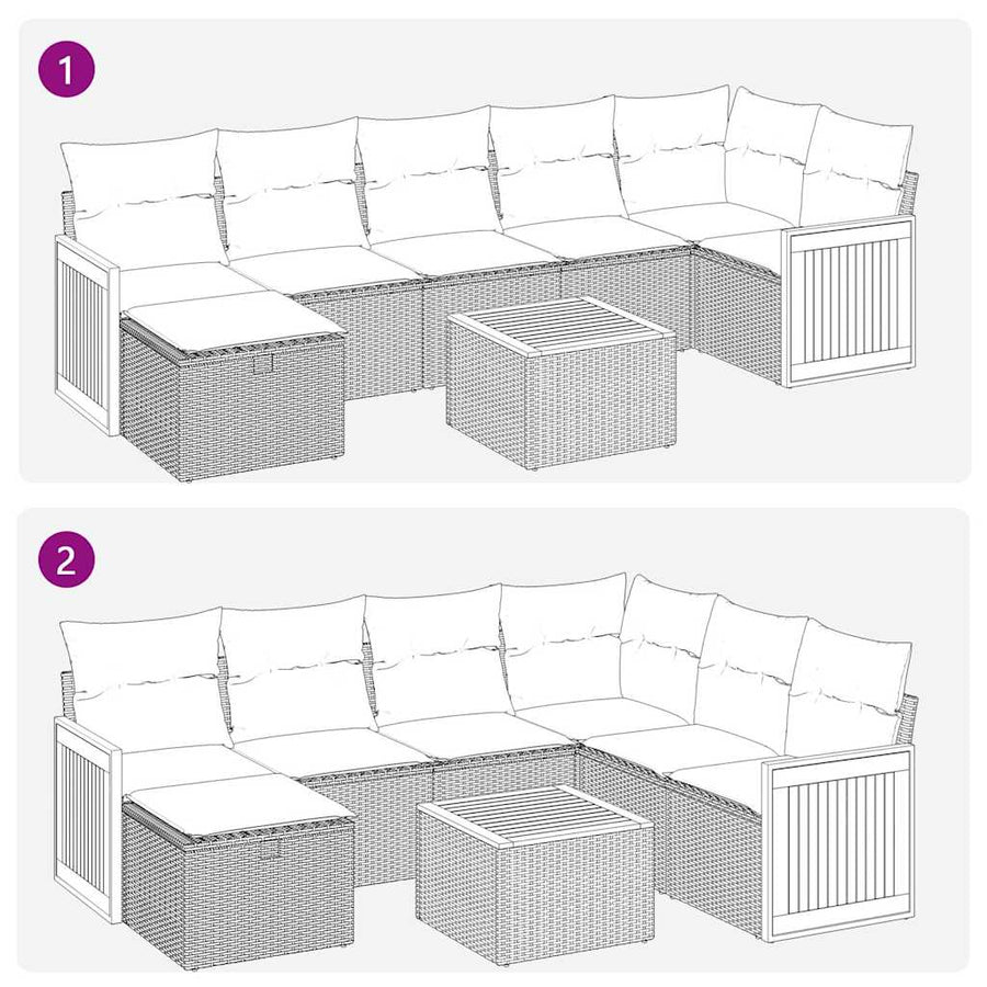 8-delige Loungeset met kussens poly rattan zwart