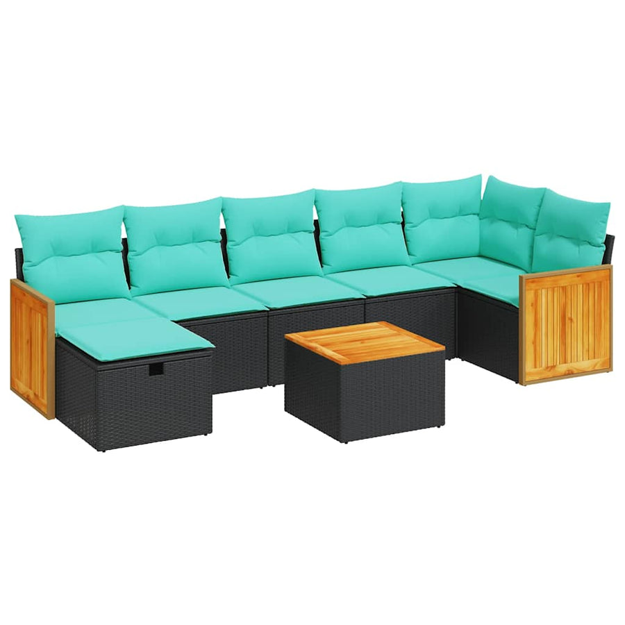 8-delige Loungeset met kussens poly rattan zwart