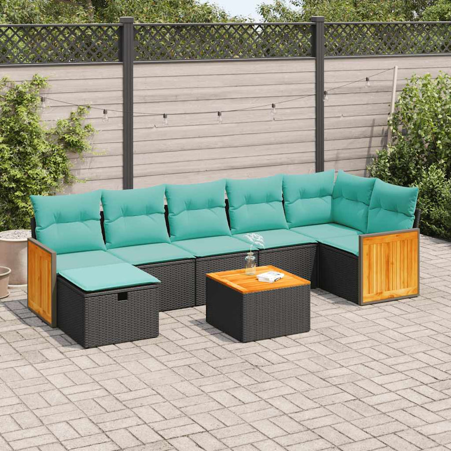 8-delige Loungeset met kussens poly rattan zwart
