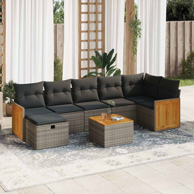 8-delige Loungeset met kussens poly rattan grijs