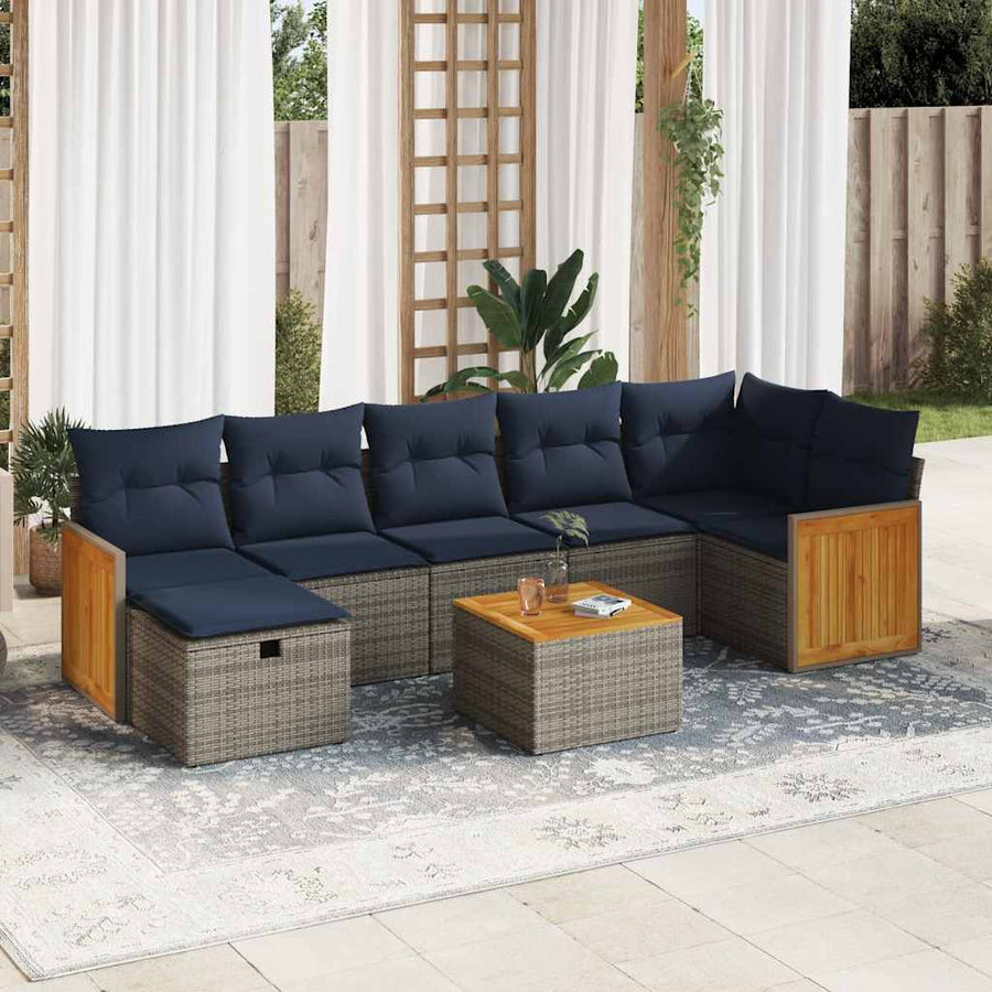 8-delige Loungeset met kussens poly rattan grijs