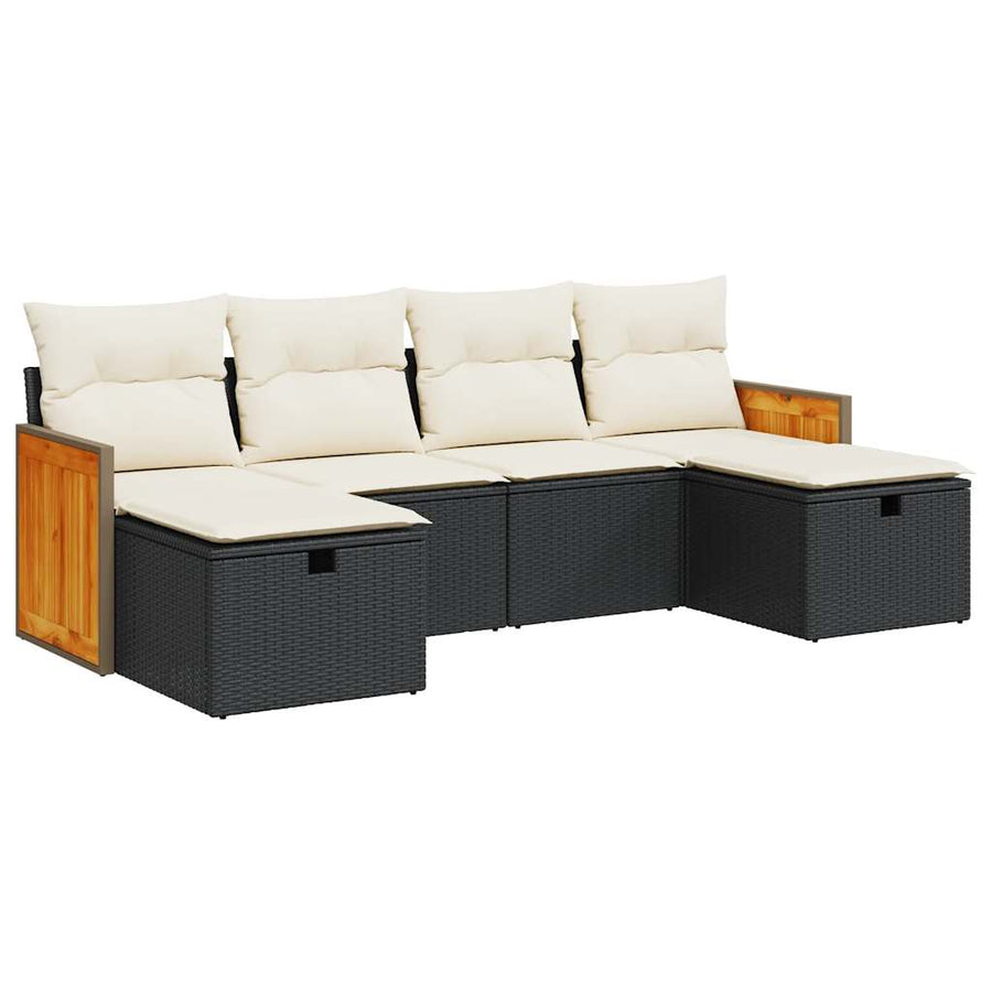 6-delige Loungeset met kussens poly rattan zwart