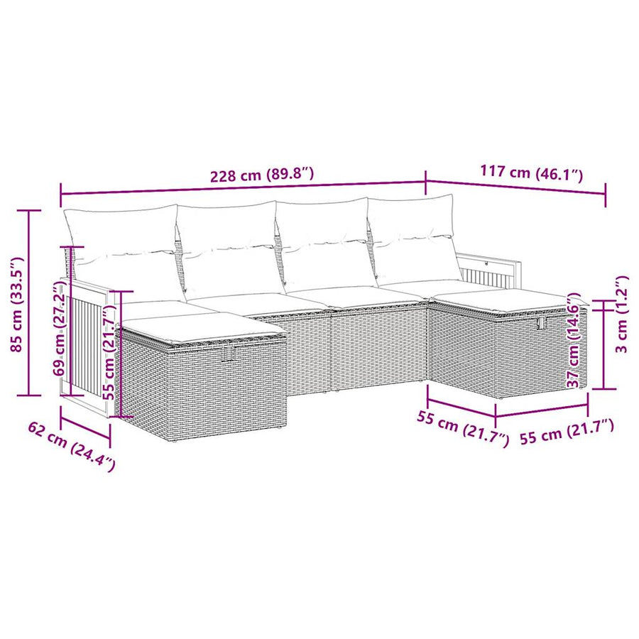 6-delige Loungeset met kussens poly rattan zwart
