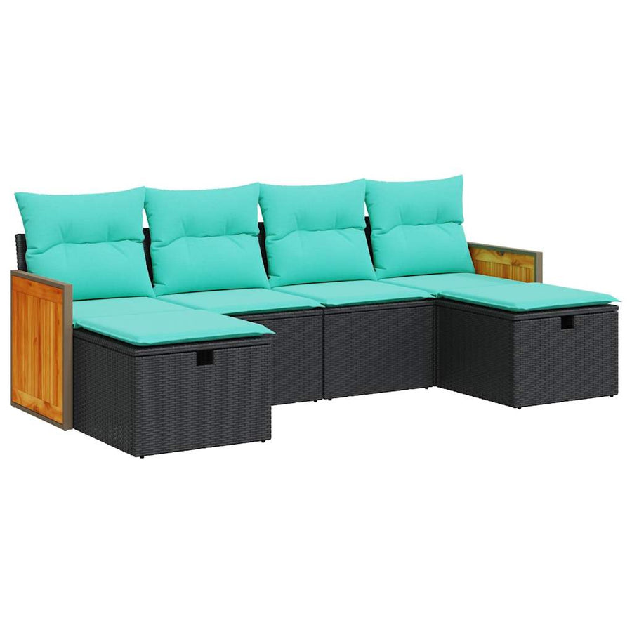 6-delige Loungeset met kussens poly rattan zwart