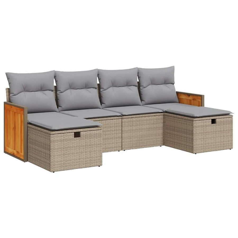 6-delige Loungeset met kussens poly rattan beige