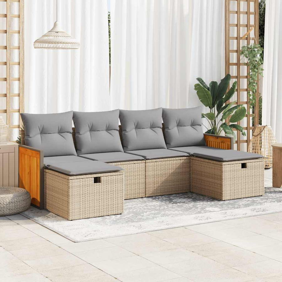 6-delige Loungeset met kussens poly rattan beige