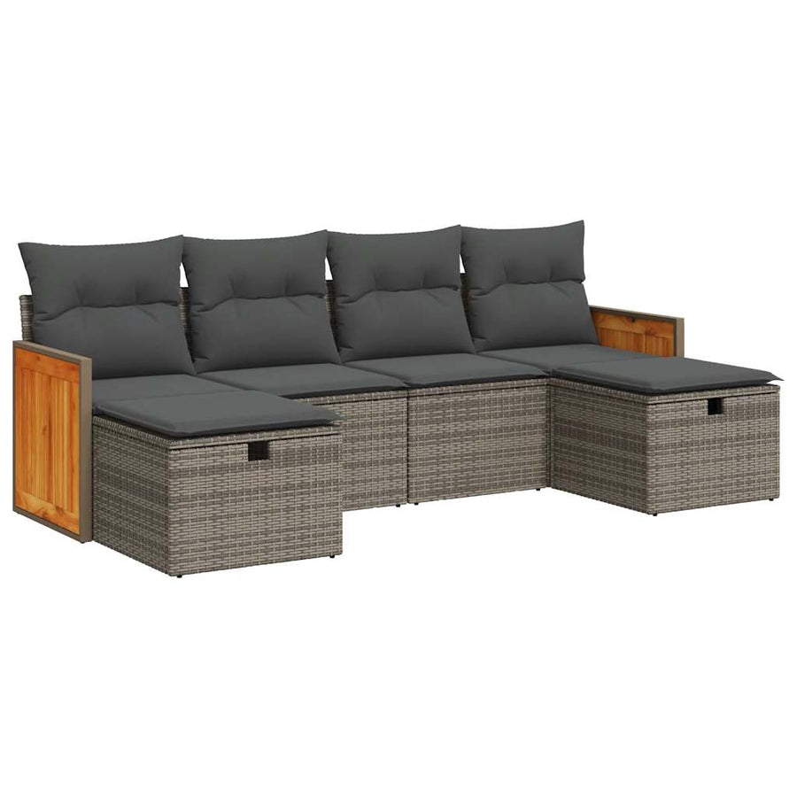 6-delige Loungeset met kussens poly rattan grijs