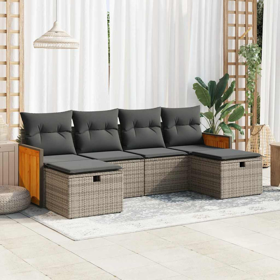 6-delige Loungeset met kussens poly rattan grijs