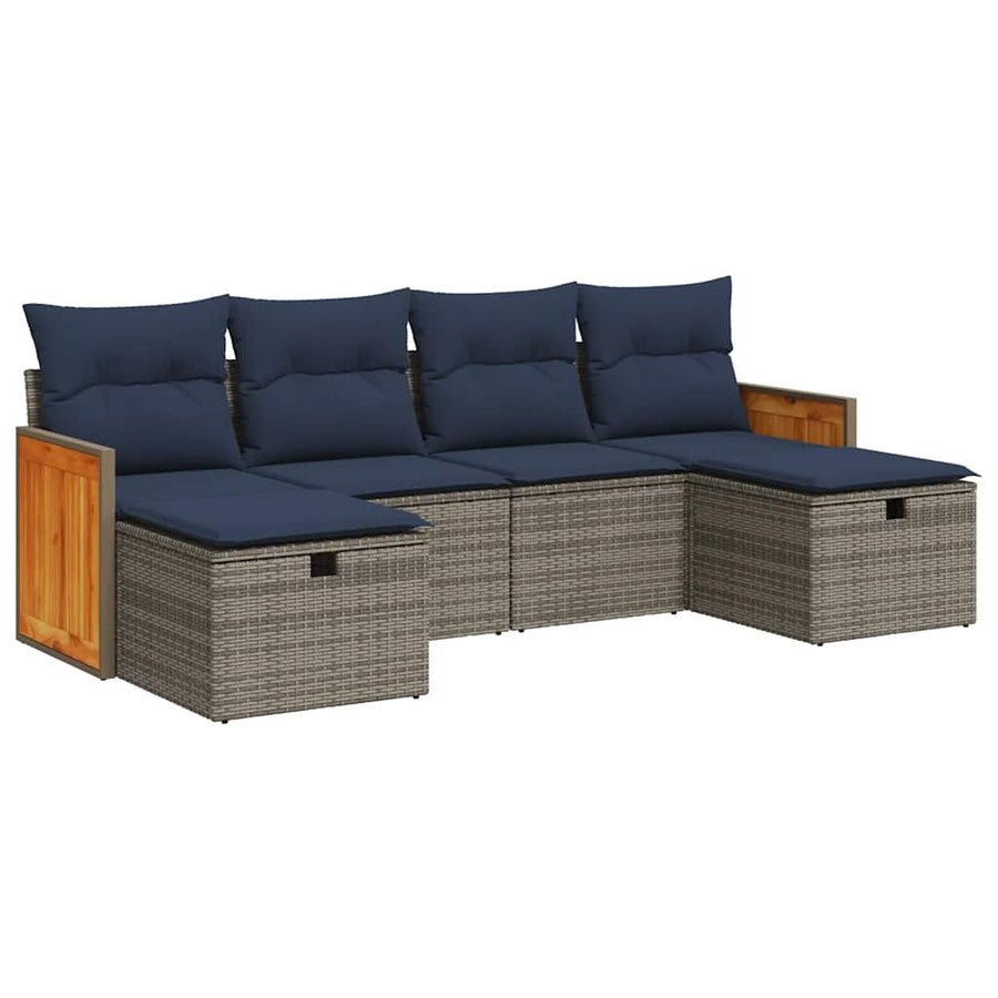 6-delige Loungeset met kussens poly rattan grijs