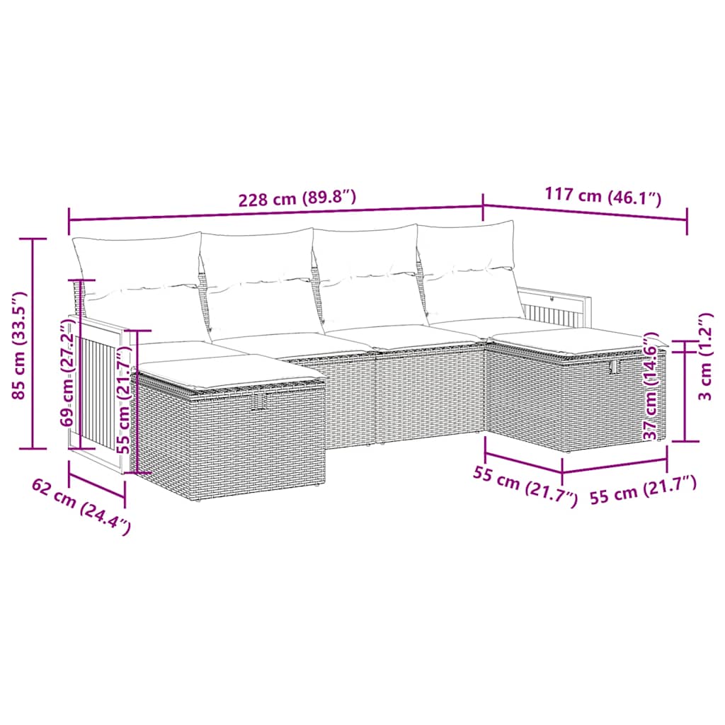 6-delige Loungeset met kussens poly rattan grijs