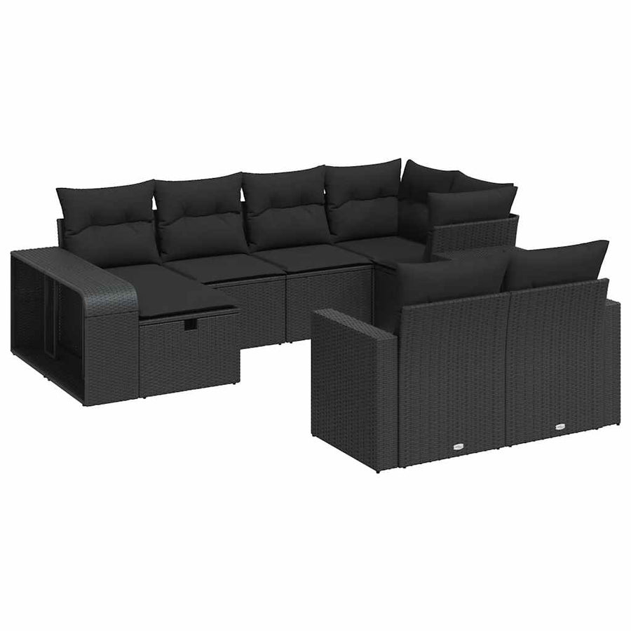 10-delige Loungeset met kussens poly rattan zwart