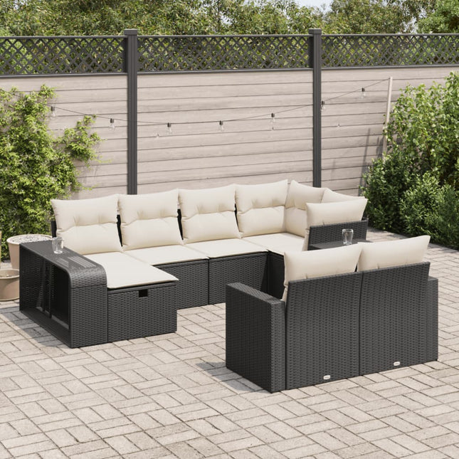 10-delige Loungeset met kussens poly rattan zwart