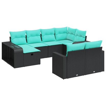 10-delige Loungeset met kussens poly rattan zwart
