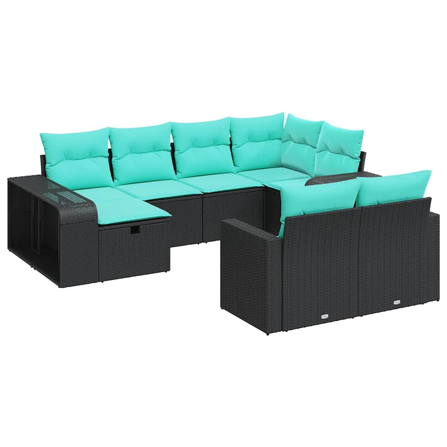 10-delige Loungeset met kussens poly rattan zwart