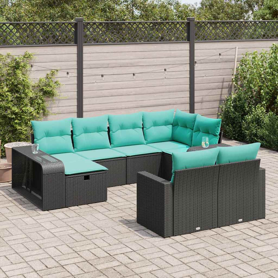 10-delige Loungeset met kussens poly rattan zwart