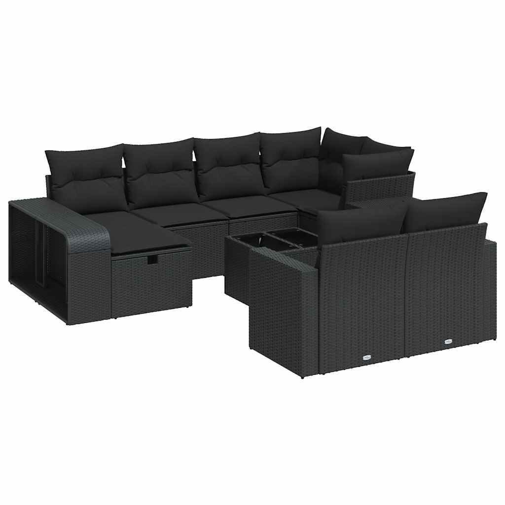 11-delige Loungeset met kussens poly rattan zwart