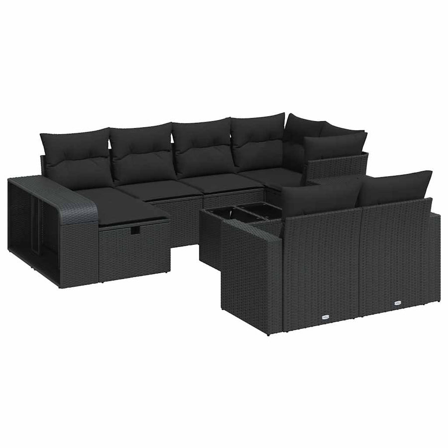 11-delige Loungeset met kussens poly rattan zwart