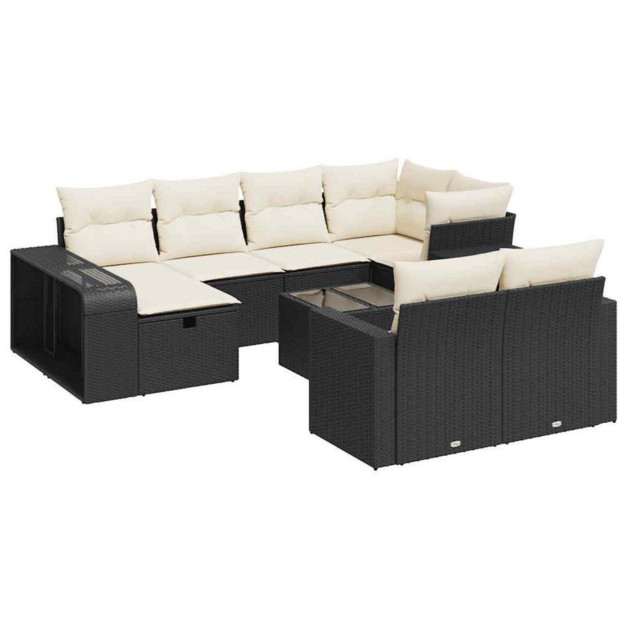 11-delige Loungeset met kussens poly rattan zwart