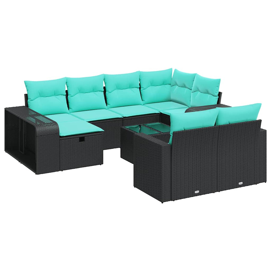 11-delige Loungeset met kussens poly rattan zwart