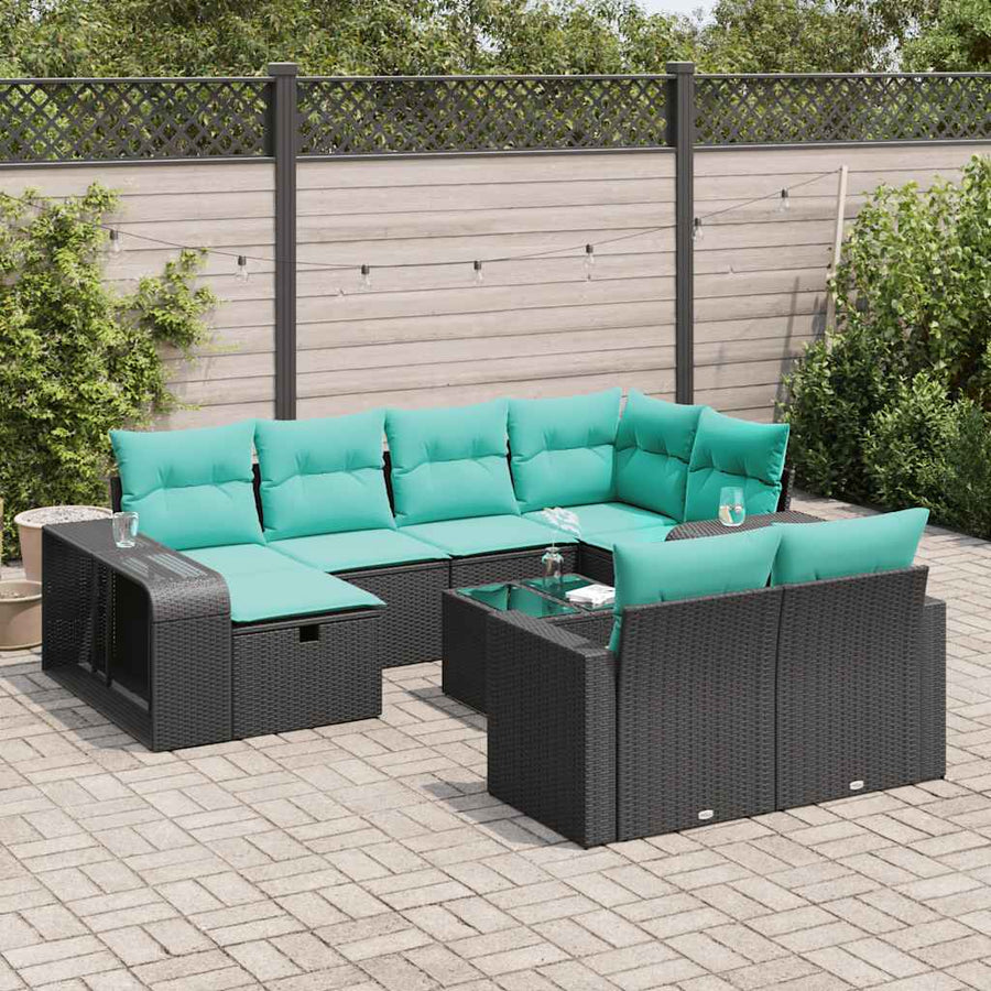 11-delige Loungeset met kussens poly rattan zwart
