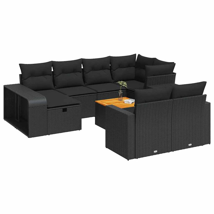 11-delige Loungeset met kussens poly rattan zwart