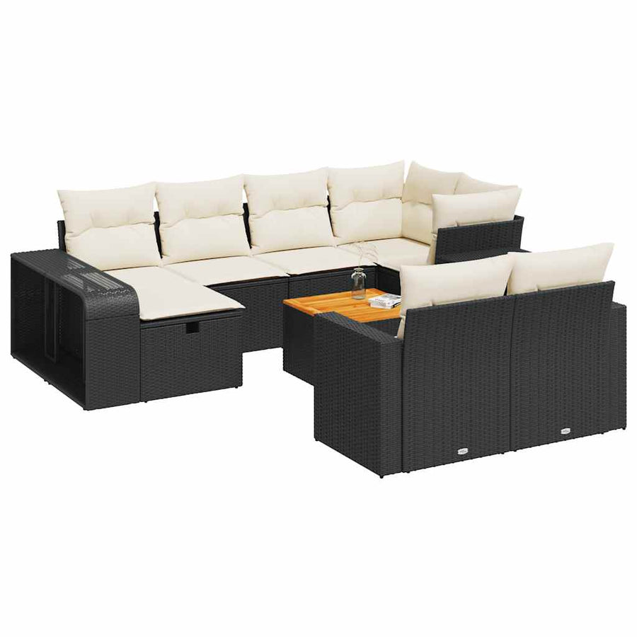11-delige Loungeset met kussens poly rattan zwart