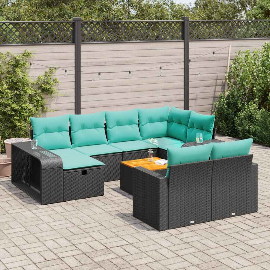 11-delige Loungeset met kussens poly rattan zwart