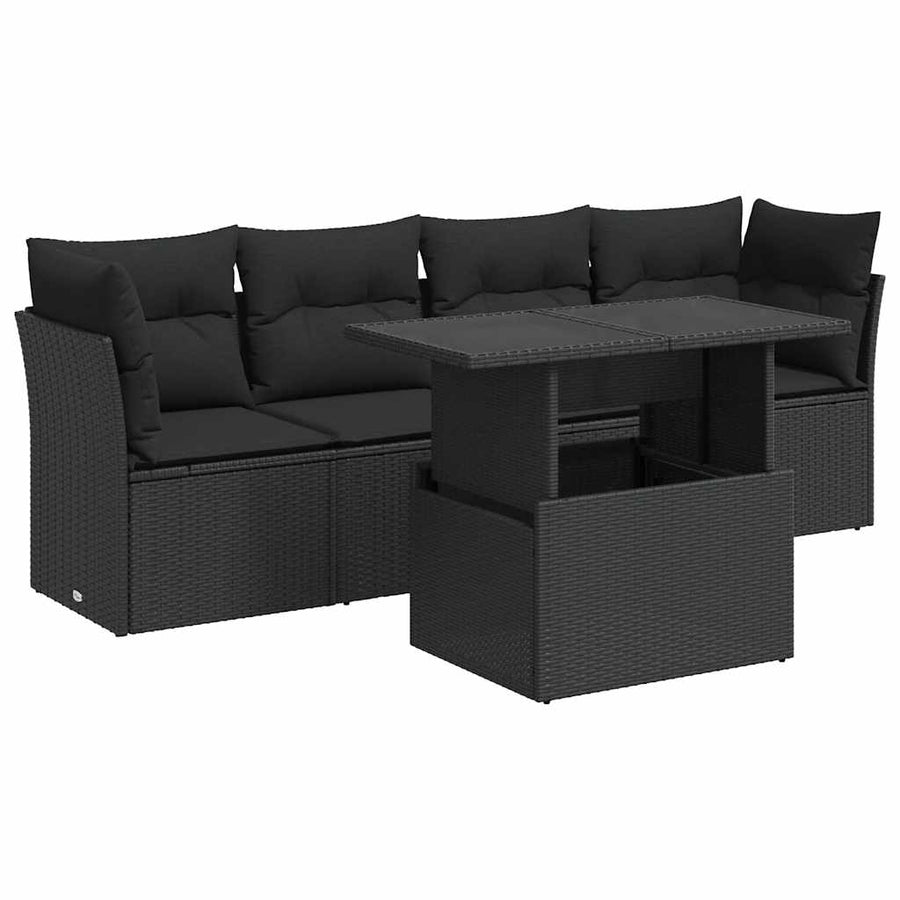 5-delige Loungeset met kussens poly rattan zwart