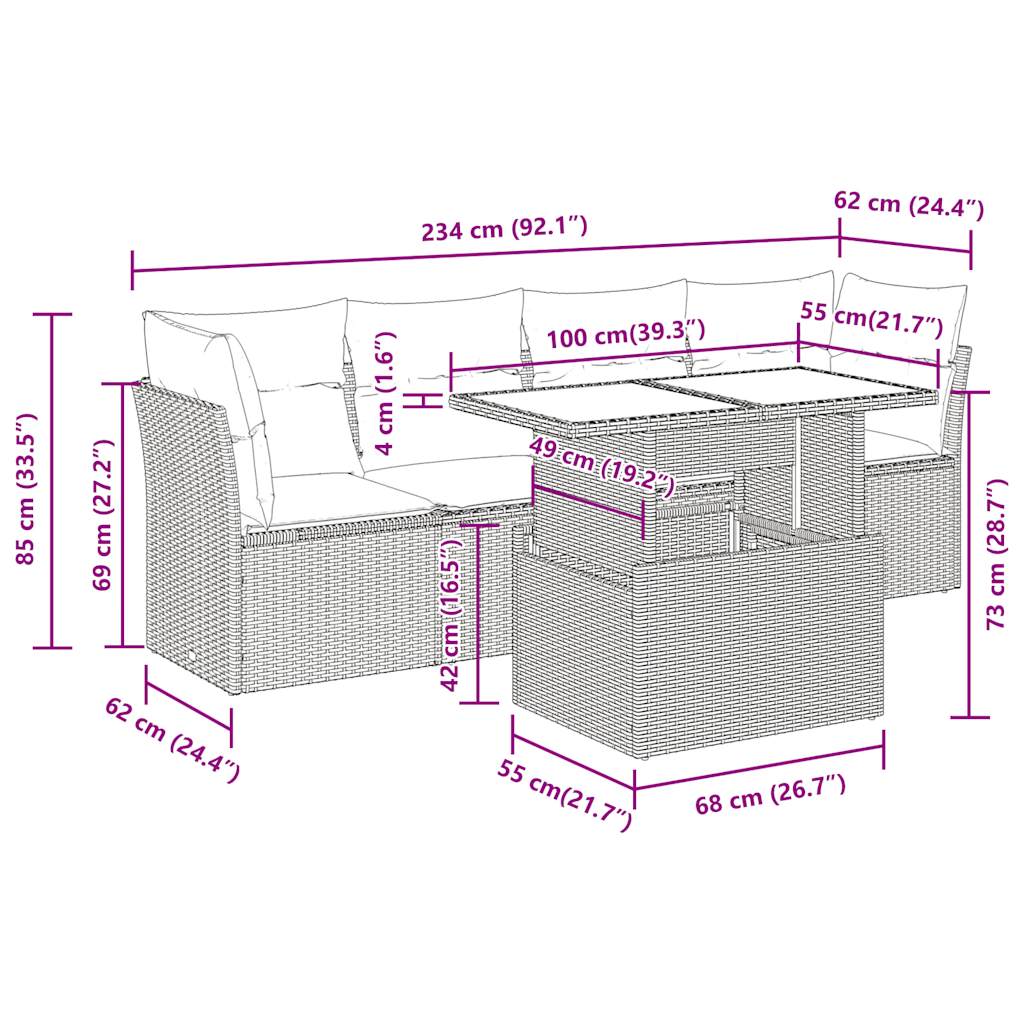 5-delige Loungeset met kussens poly rattan zwart