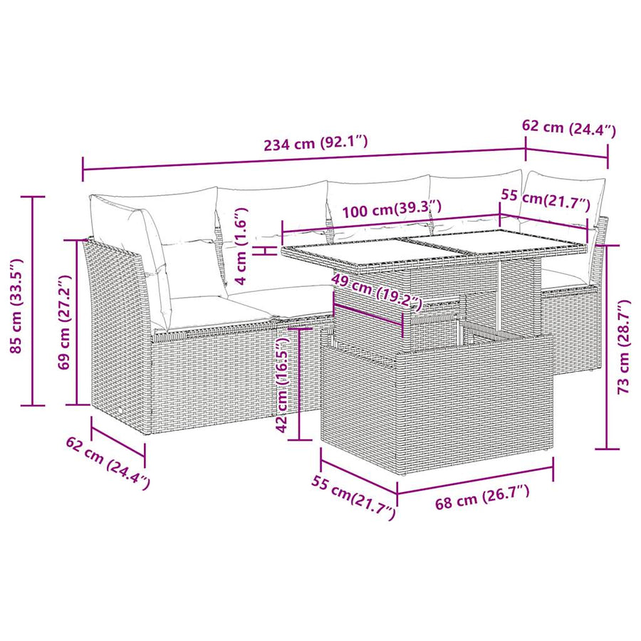 5-delige Loungeset met kussens poly rattan zwart