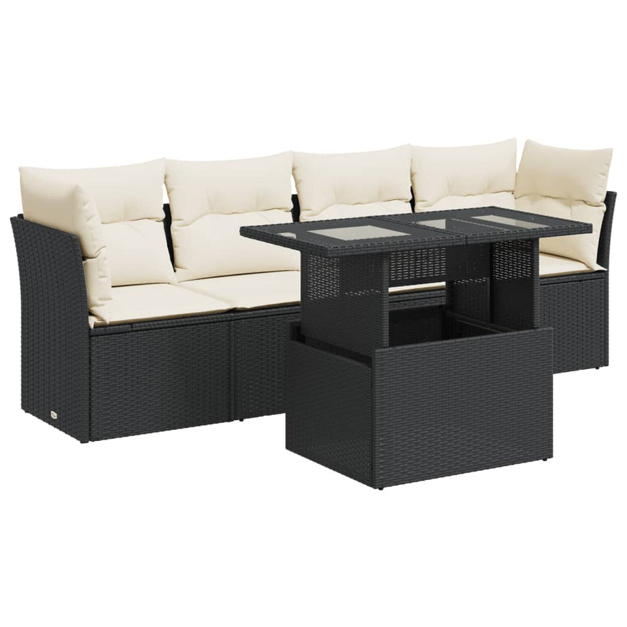 5-delige Loungeset met kussens poly rattan zwart